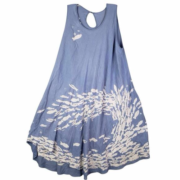 JP and Mattie Women’s Dress Sleeveless Cotton Light Blue Fish Flowy One Size - Picture 2 of 9